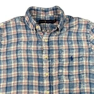 Ralph Lauren‎ Mens Small Plaid Short Sleeve Linen Button Down Shirt Casual